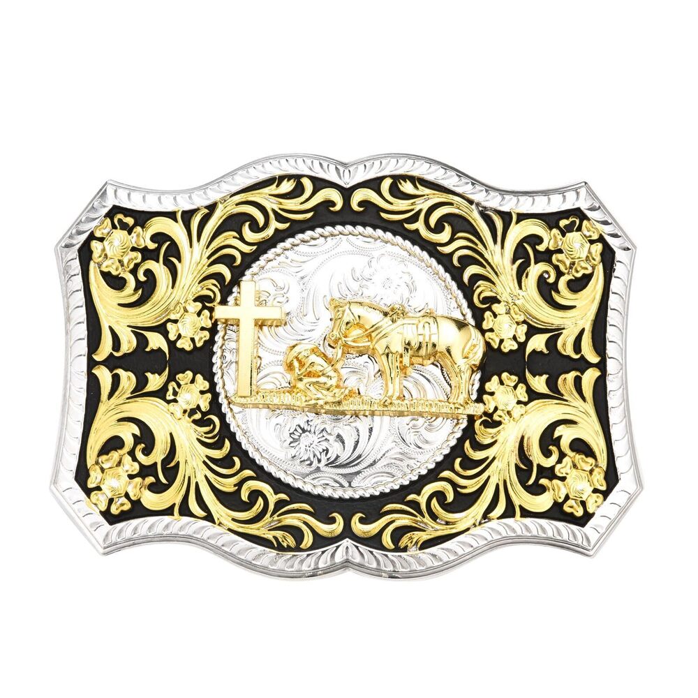 3761 Religion Cross Kneeling Prayer Rooster Horse Golden Belt Buckle │Rodeo